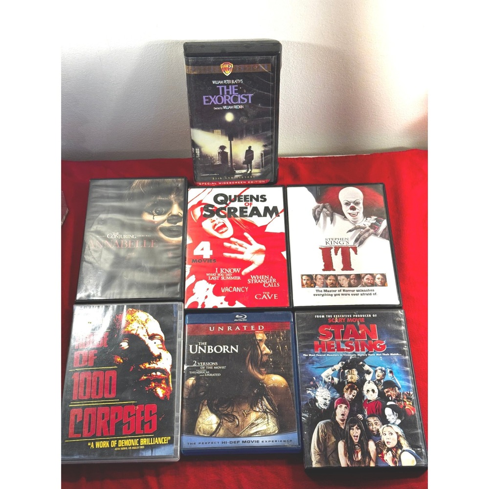 Horror Comedy Movie Lot 7pc The Exorcist VHS IT Annabelle DVD Unborn Blu-ray